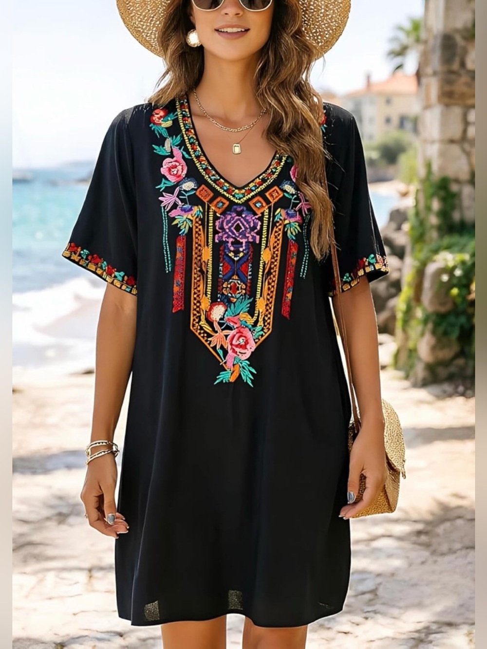 Women’s Boho Embroidered Peasant Mexican Tunic Dress Plus Size 2XL Black Resort